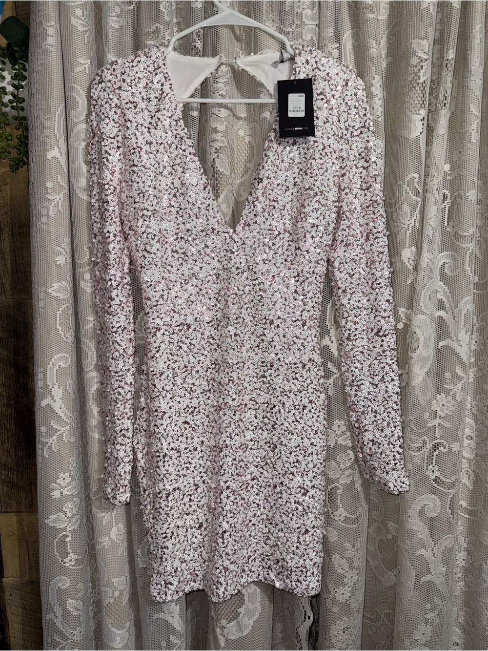 Sequin and Pearl V-Neck Long Sleeve Party Dress - Light Pink & White